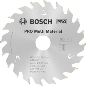Lama circolare Bosch Standard Multi Material argento, denti in metallo duro per seghe a batteria. Tagli precisi legno, metallo, plastica.