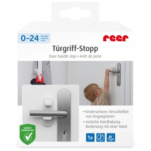 Verpackung des Reer Türgriff-Stopps in Weiß, Kindersicherung für Türgriffe.