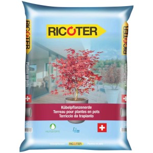 Sac de terreau pour plantes en pot Ricoter Bio-line 30L avec image d'un pot planté.