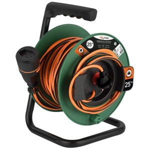 Enrouleur de câble Lockxtend IP20 avec câble de 25 m, orange/noir sur tambour vert.