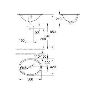 Schéma technique : Grohe Einbauwaschtisch Universal, dimensions et détails pour l'installation.