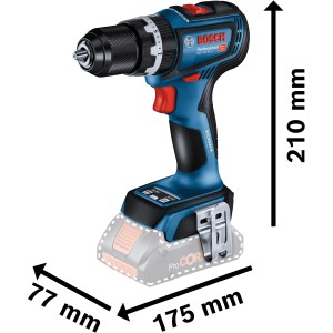 Avvitatore a percussione a batteria Bosch Professional 18 V GSB 18V-90 C Solo, blu/nero, con mandrino e clip da cintura.