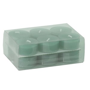 Bougies chauffe-plat menthe en coupelles plastique, lot de 12. Bougies piliers pour ambiance lumineuse.