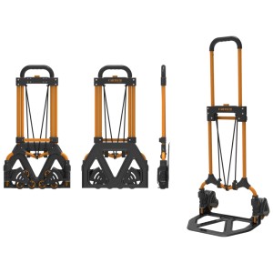 Carrello saliscale pieghevole Cartech, arancio/nero, fino a 60 kg. Ideale per scale e stoccaggio salvaspazio.