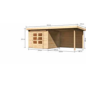 Casetta da giardino in legno Karibu Kumla 6 con tetto a una falda, non trattata, con dimensioni.