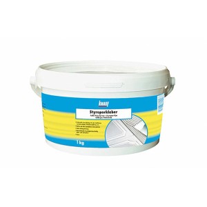 Knauf Styroporkleber 1 kg in secchio bianco, adatto per materiali isolanti.