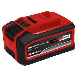 Batterie Einhell Power X-Change 18V 4-6 Ah Multi-Ah PXC Plus, rouge/noir, avec indicateur numérique de niveau de charge.