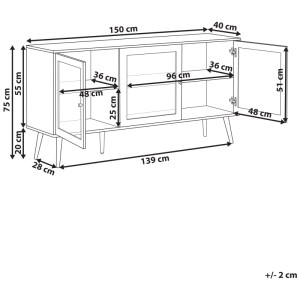Schéma du buffet marron Beliani Albany avec portes en verre et dimensions.