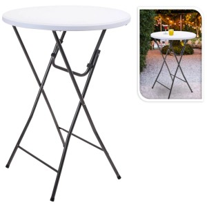 Tavolo bar pieghevole bianco, Ø 80 cm, con struttura in acciaio nero. Ideale per giardino ed eventi, salvaspazio.