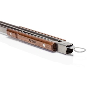 Pinze da barbecue Petromax piccole in acciaio inox con manici in legno. Utensile per griglia per carbone e cibo grigliato.