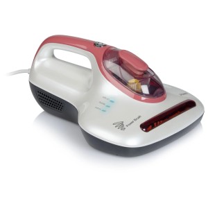 Aspirateur à main Domo DO223S pour lits et canapés, blanc et rouge, avec lumière UV et brosse rotative.