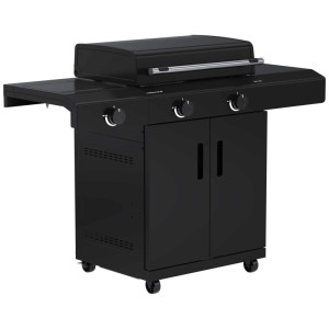 Outdoorchef Grillstation Heat C-265, montata, nera, con mobiletto e ripiani laterali.
