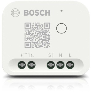 Bosch Smart Home Relais zur Hausfunksteuerung, weiss, mit QR-Code und Anschlüssen.