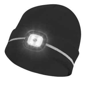 Schwarze Strickmütze mit leuchtender LED-Lampe und Reflektionsstreifen. Ideal für Arbeitskleidung und Sicherheit.