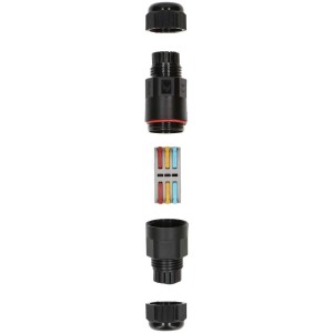 Connecteur de câble noir 3 pôles IP68 pour câbles souples en caoutchouc, présenté démonté.