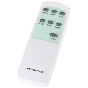 Télécommande pour climatiseur Emerio, blanche avec des accents verts et divers boutons gris.