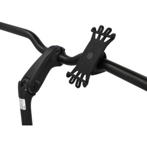 Supporto smartphone Fischer nero in silicone su manubrio bici, rotazione a 360°.