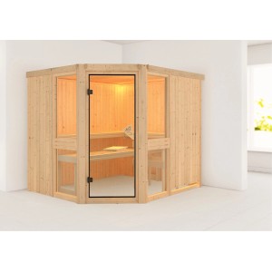 Sauna Karibu Anina 3 in abete naturale con porta in vetro e finiture finestre.