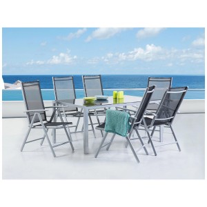 Ensemble de meubles de jardin Beliani Catania avec 6 chaises, aluminium, noir. Table de jardin avec plateau en verre.