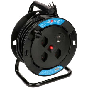 Enrouleur de câble noir avec 20 m de câble, 3 prises de type 13 et 2 ports USB.