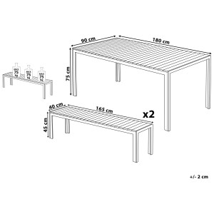 Ensemble de meubles de jardin Beliani Nardo : table (180x90cm) et 2 bancs en bois synthétique/aluminium, marron clair/argent.