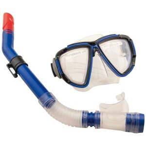 Ensemble de plongée pour adultes Happy People avec masque et tuba bleus et rouges.