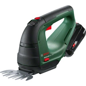 Cesoie per erba e arbusti a batteria Bosch AdvancedShear 18V-10 con batteria e caricabatterie.