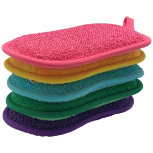Cinq éponges de nettoyage Livington Duo Sponge aux couleurs vives: rose, jaune, turquoise, vert, violet. Microfibre pour cuisine, salle de bain, jardin.