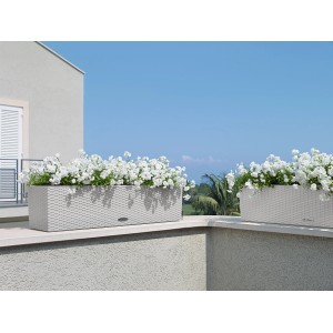 Lechuza Balconera Cottage 80, jardinière gris clair avec système d'arrosage et fleurs blanches.