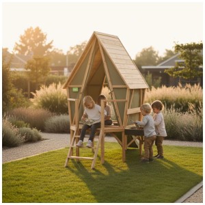 Exit Toys casetta da gioco Yuki 350 con scivolo e cucina di fango, bambini che giocano in giardino.