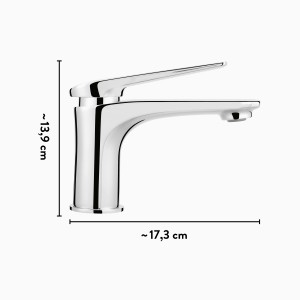Miscelatore lavabo cromato baliv WT-5080 con valvola pop-up e dimensioni.