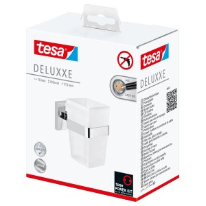 Verpackung des Tesa Zahnputzbechers Deluxxe Chrom, zur Wandmontage ohne Bohren.