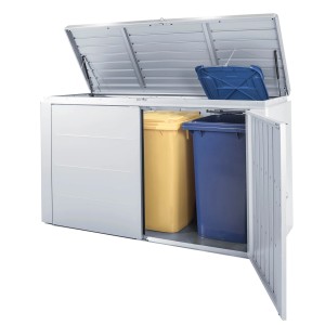 Coffre de jardin Biohort HighBoard 160 argent métallisé avec couvercle ouvert et deux poubelles.