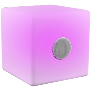 Lampada da tavolo a LED Mondilux a forma di cubo, bianca, con altoparlante Bluetooth integrato.