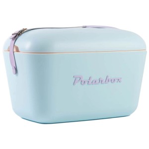 Babyblaue Polarbox Kühlbox Retro Cooler, 20 l, mit lila Trageriemen.