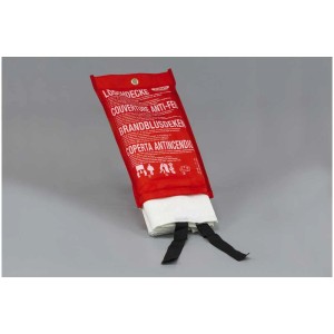 Couverture anti-feu Abus LD1118 dans un sac rouge, protection incendie pour cuisine et maison.