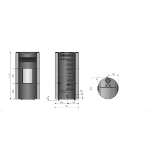 Dessin technique : Poêle à granulés Justus Norta en acier blanc soie 8 kW avec dimensions.