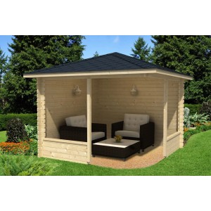 Gazebo da giardino impregnato a 5 lati Maik-28 (325x325 cm) con mobili da giardino nel verde.