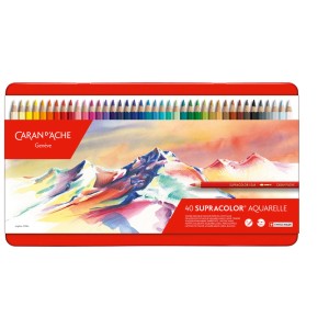 Caran d'Ache Supracolor Aquarelle, 40 pezzi in astuccio rosso con montagne ad acquerello.