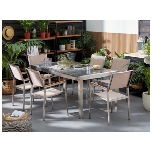 Ensemble de jardin Grosseto: table rectangulaire plateau granit poli, 6 chaises textile beige et acier sur terrasse.