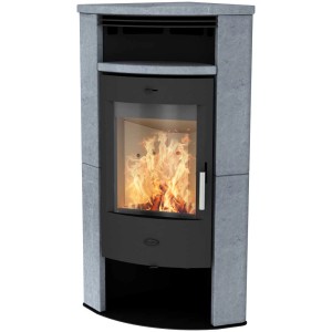 Poêle à bois d'angle Fireplace Malta en stéatite, avec compartiment à thé.