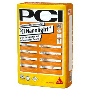 Sack PCI Nanolight Flexmörtel 15 kg, flexibler Fliesenkleber für Innen- und Außenbereich.