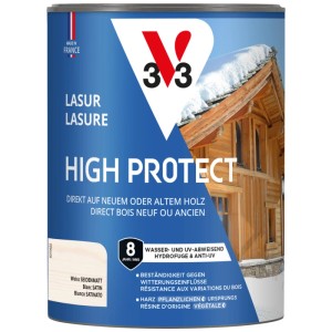 Barattolo di V33 Impregnante per legno High Protect Bianco satinato per una protezione duratura dalle intemperie.