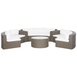 Salon de jardin semi-circulaire Severo 9 places en rotin marron/blanc crème avec table.