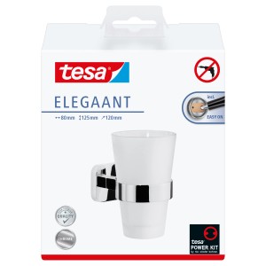 Tesa Elegaant portaspazzolino cromato, montaggio a parete senza trapano, bicchiere in vetro satinato.