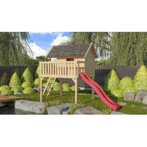 Karibu Maison sur pilotis Fidel avec toboggan à vagues rouge et échelle dans le jardin.