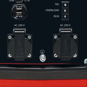 Gros plan : Groupe électrogène Einhell TC-IG 2000 avec 2 prises, ports USB et voyants.