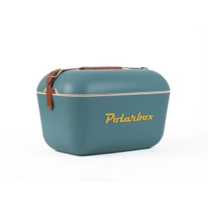Borsa frigo Polarbox Retro 12l petrolio-giallo in polipropilene con tracolla in pelle. Elegante per bevande e snack.