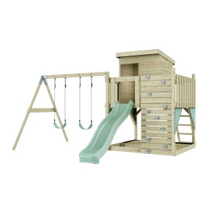 Tour de jeu PolarPlay Björn avec balançoire et toboggan, vert menthe. Aire de jeux en bois pour enfants.