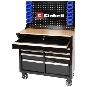 Servante d'atelier Einhell BT-MW 1000 avec tiroirs, portes, plan de travail et panneau perforé avec boîtes.